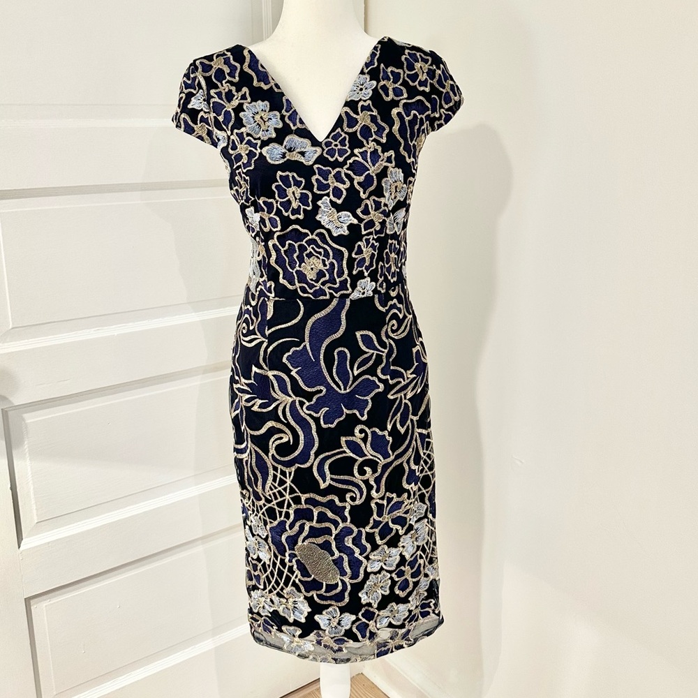 David Meister Embroidered Navy & Gold Dress-Pristine-Like New